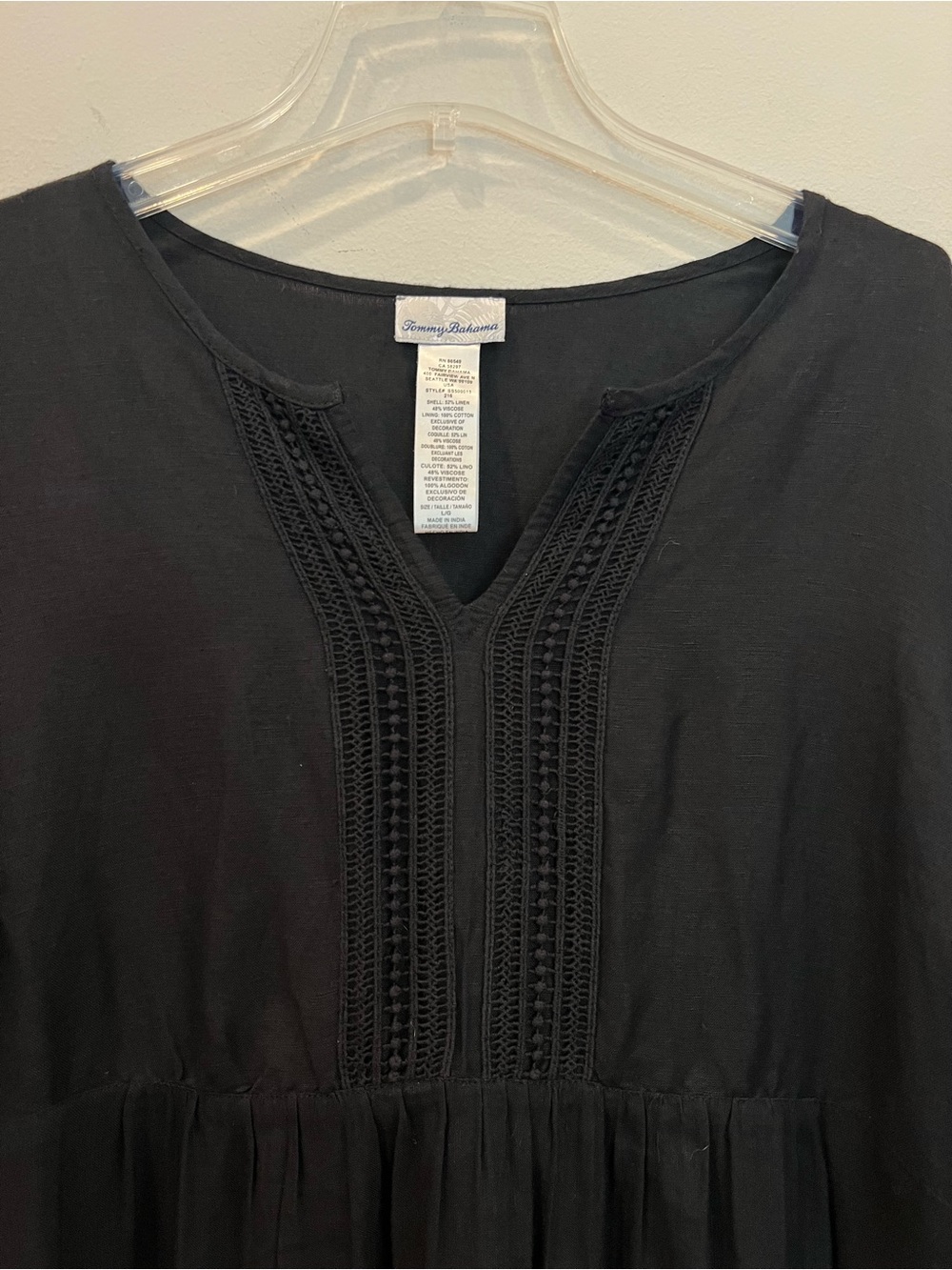 Tommy Bahama Lucia Dress Womens Large Black Linen Blend Embroidered Cottage - Picture 4 of 16